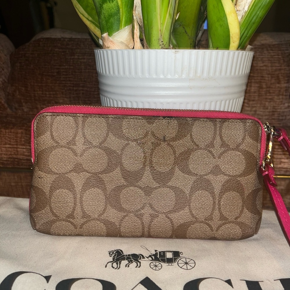 Coach Fuchsia and Brown Signature Wristlet - Picture 2 of 5